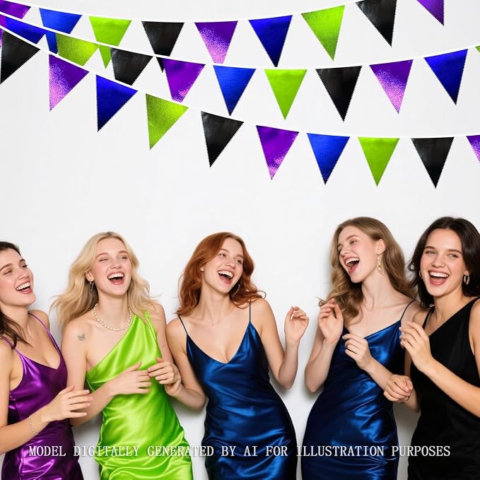 Video Game Party Decorations Black Blue Green Purple Metallic Fabric Triangle - Image 6