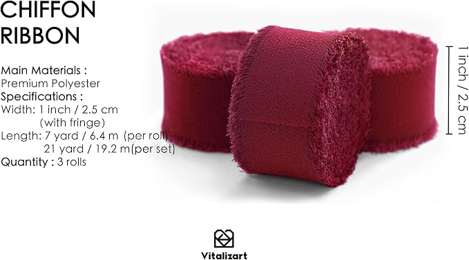 Vitalizart Burgundy Chiffon Silk Ribbon 1" x 21Yd Handmade Frayed Fringe | - Image 2