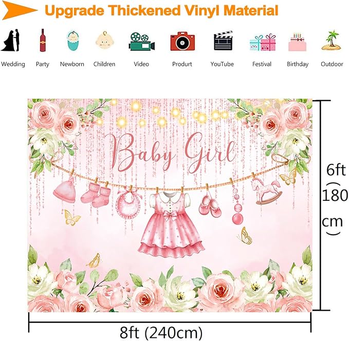 InMemory Girl Baby Shower Backdrop Pink Floral Baby Shower Decorations - Image 5