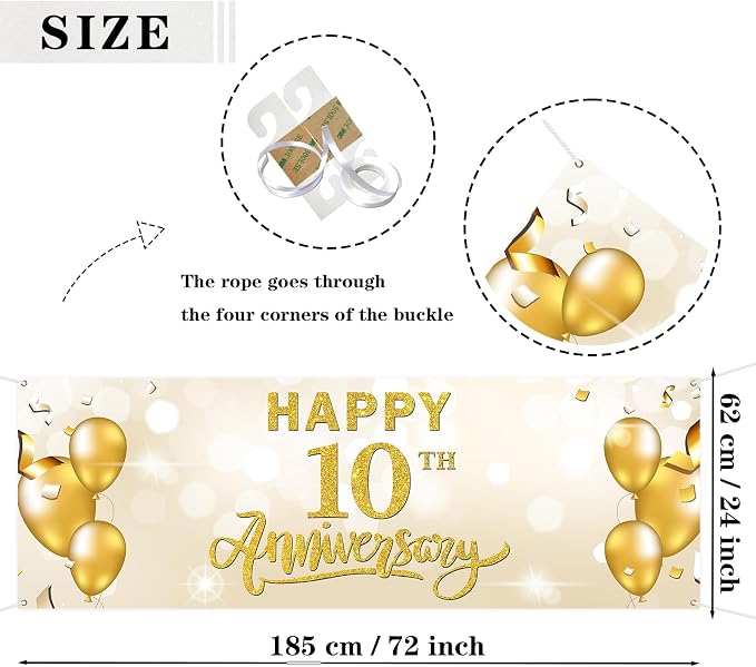 WeBenison Large Happy 10th Anniversary Banner 10 Wedding Anniversary Retirement - Image 2