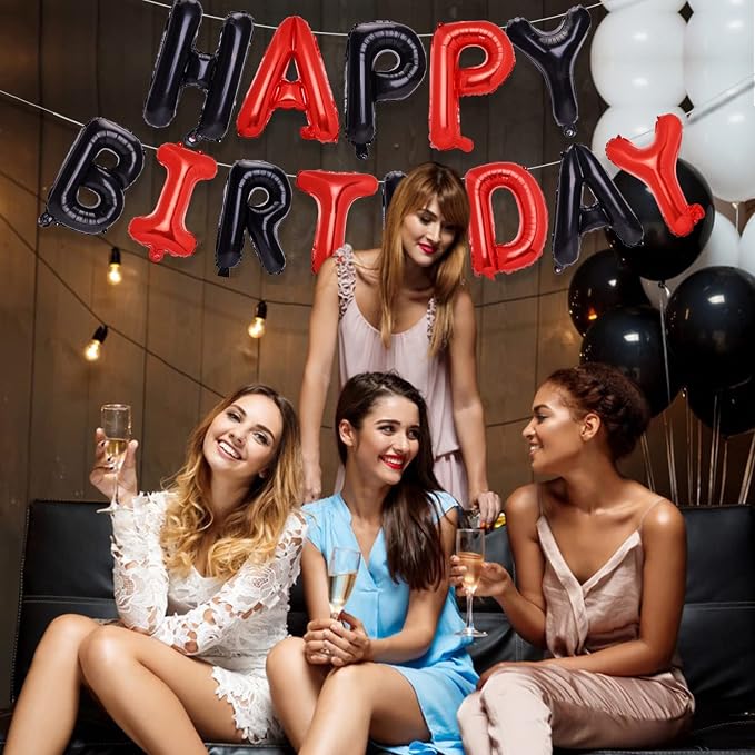 PIGETALE Black and Red Happy Birthday Banner Balloons, 16 Inch Mylar Foil Happy - Image 2