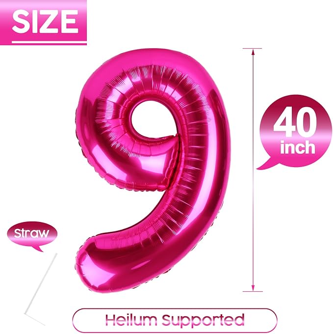 9 Balloon - Hot Pink Birthday Number Balloons, 40 Inch Party Decorations | Hot - Image 5
