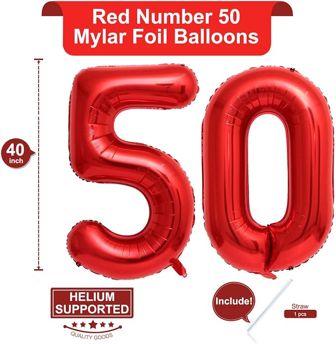 40 Inch Red Number 50 Balloons Giant 50 Balloons Red Birthday 50 Balloons 50 - Image 2