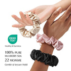 YFONG 3 PCS 100% Mulberry Silk Scrunchies for Women Girls, 22 Momme Soft Hair Ties for Frizz & Breakage Prevention, Elastic Ponytail Holders Gentle And No hurt, (Pink+Black+Champagne)