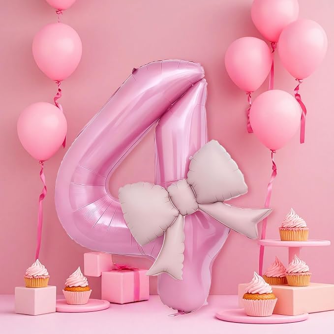 Bow Pink 4 Balloons, 40 Inch Giant Pink Bow Helium Foil Number 4 - Image 3