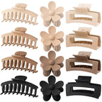 Large Hair Claw Clips 12 Pack, Flower Hair Clips for Thin Hair, Big Square Matte Strong hold for Thick Hair, 3 Styles Hair Clips for Women Thick Hair Neutral Colors