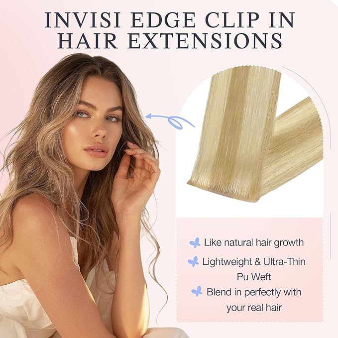 DOORES Invisible Clip in Hair Extensions 14 inch 110g 7pcs, Real Human Hair Invisi Edge Clip in Extensions, Virgin PU Clipins Straight Thickening, 16/22 Light Blonde Highlighted Golden Blonde