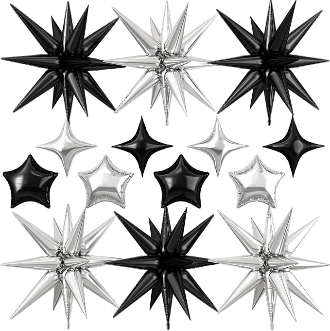 14pcs Black Silver Star Balloons, Mixed Star Foil Balloon, 22Inch Explosion by vibzox