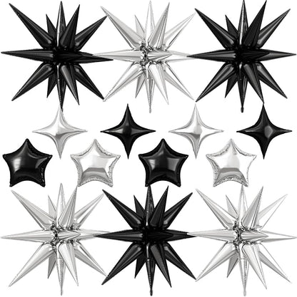 14pcs Black Silver Star Balloons, Mixed Star Foil Balloon, 22Inch Explosion by vibzox
