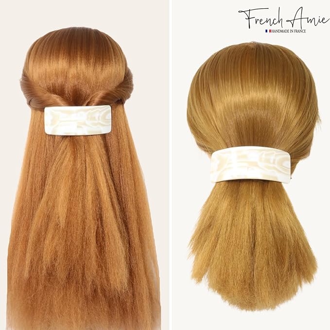 French Amie Broad Curved Oblong Ivory Cream Extra Wide Large Celluloid Acetate Automatic Volume Hair Clip Barrette with Golden Clasp for Women and Girls
