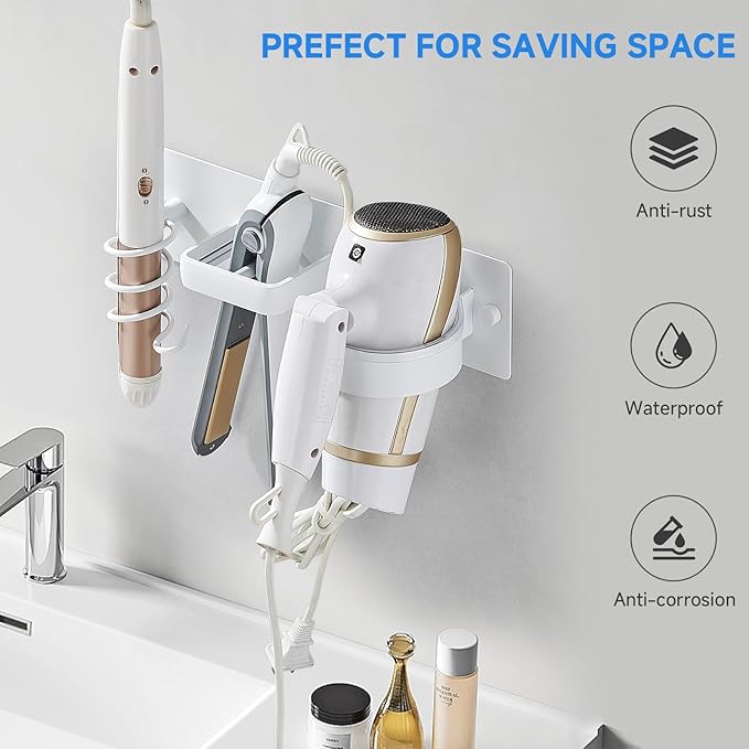 Hair Dryer Holder Wall Mounted,Blow Dryer, Curling Iron, Straightener Holder 3 in 1 Bathroom Metal Hair Tool Organizer Rack-Matte White-1