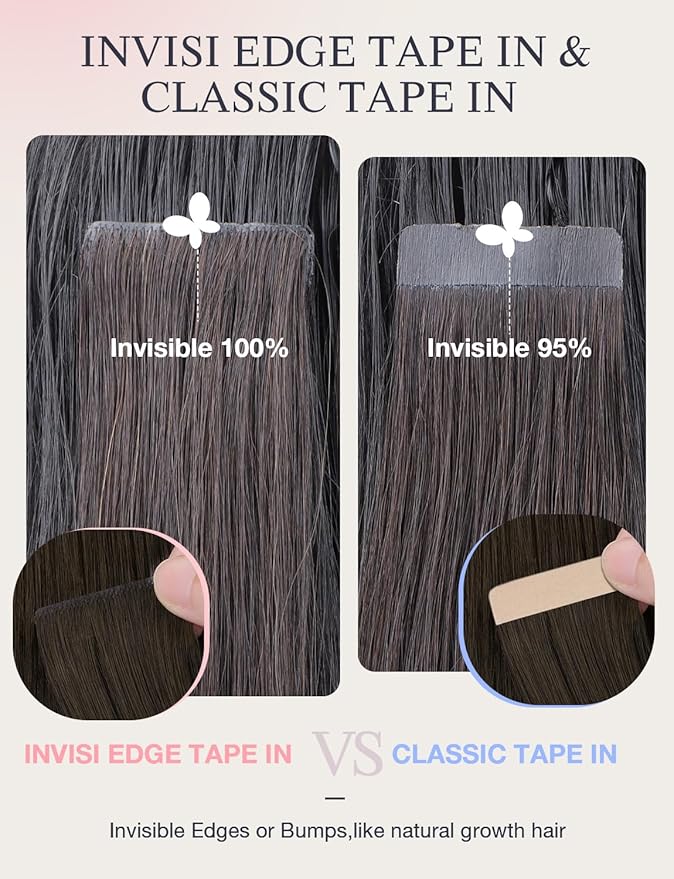 DOORES Invisi Edge Tape in Hair Extensions Real Human Hair, Natural Black to Dark Brown and Chocolate Brown 10 Injection Tape-ins with 10 Classic Tape-ins 50g 22 Inch, Injection Tape in