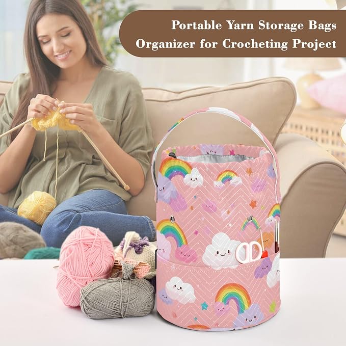 Multicolored Stars Rainbows Yarn Bag Small Crochet Bag Drawstring Yarn Storage - Image 4