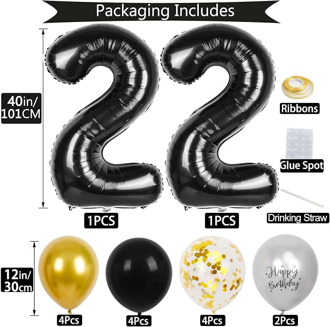 22nd Birthday Decorations for Men, 40 inch 22 Balloon Numbers - Image 2