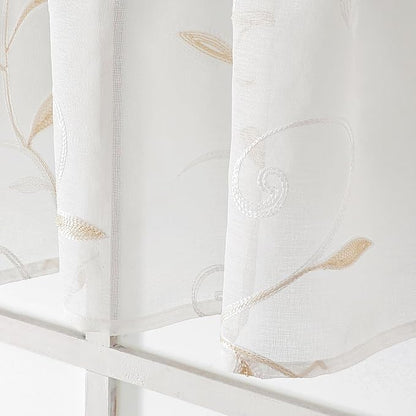 Kitchen Sheer Cafe Curtains Embroidered Leaves Beige 54Wx16L | Light Filtering - Image 4