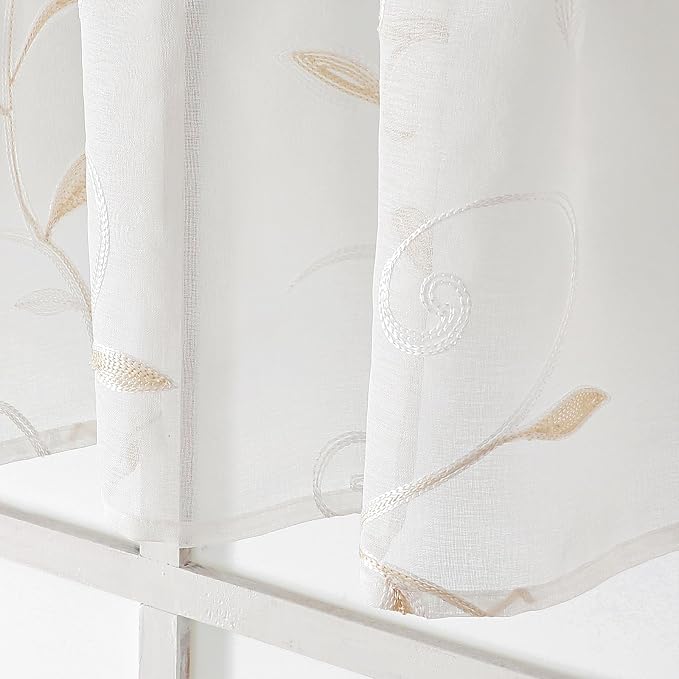 Kitchen Sheer Cafe Curtains Embroidered Leaves Beige 26Wx36L | Light Filtering - Image 2
