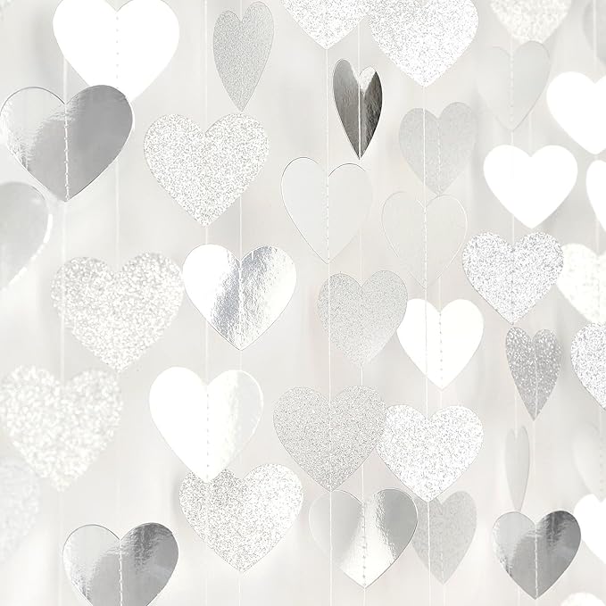 White -Silver Disco Party-Decoration Heart Garland - 52ft Birthday New Years by LastingSurprise