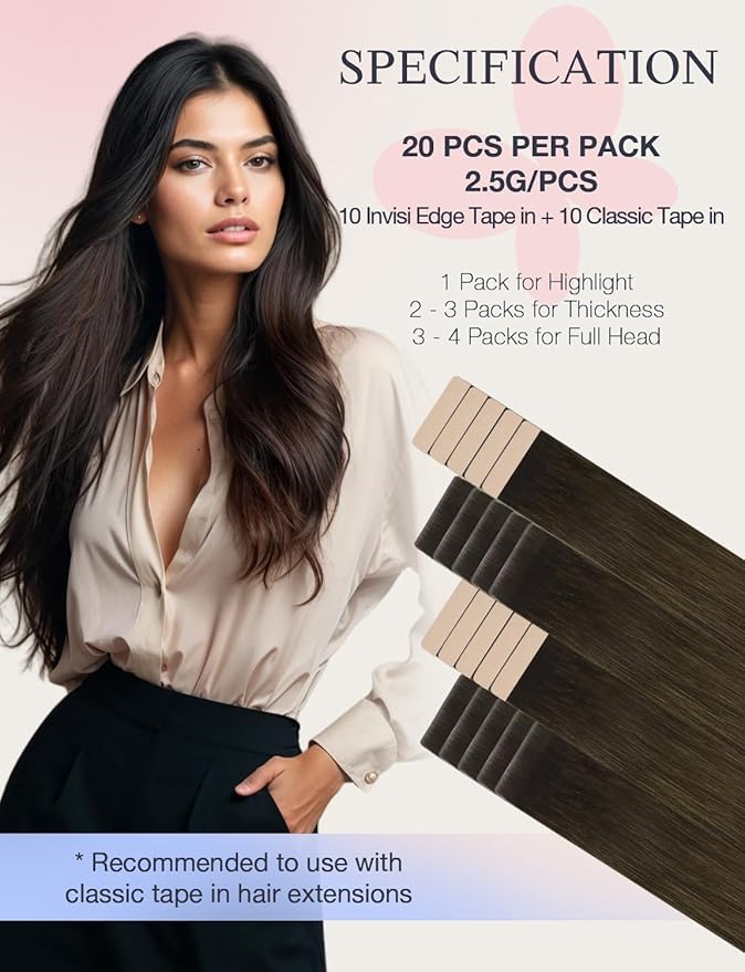 DOORES Invisi Edge Tape in Human Hair Extensions, Natural Black to Dark Brown and Chocolate Brown 10 Injection Tape-ins with 10 Classic Tape-ins 50g 14 Inch, Injected Tape in Extensions