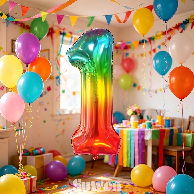 SUWEN Rainbow Number 1 Balloon 40 Inch, Big Colorful Balloons 0-9 | Large - Image 2