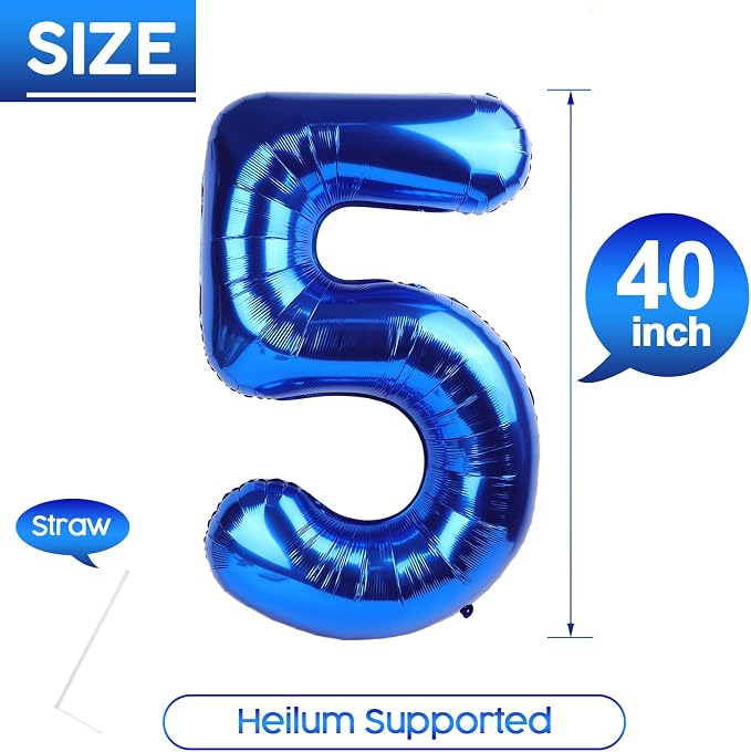 5 Balloon - Metallic Blue Birthday Number Balloons, 40 Inch Decorations | - Image 5