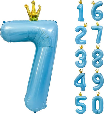 Blue Number 7 Balloon with Crown, 40 inch Blue Number Balloon 7th Birthday by Yeodong