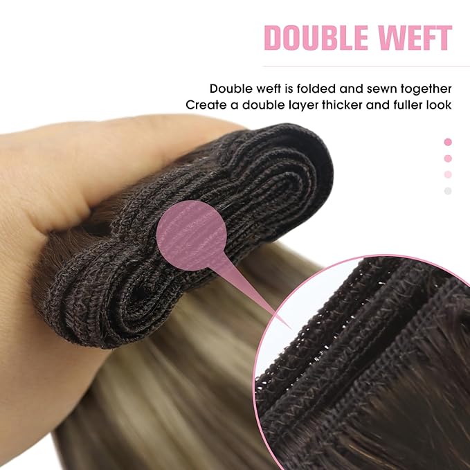 YoungSee Human Hair Sew in Extensions Balayage Double Weft Human Hair Extensions Chocolate Brown with Ash Blonde Balayage Sew in Bundles Human Hair 16Inch 100G