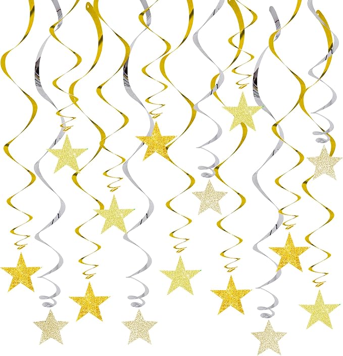 BEISHIDA Gold Glitter Stars Hanging Swirls Pre-Strung Hanging Ornament by Beishida