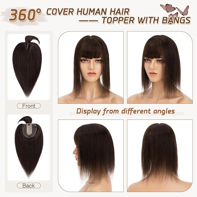 Rich Choices Real Human Hair Toppers for Women With Bang 100% Remy Human Hair Topper for Thinning Hair Clip in Silk Base Hair Topper 12 Inch #2 Dark Brown