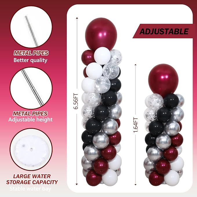 Burgundy Silver Black Balloon Column Stand Kit of 2 | 102Pcs Maroon Balloons - Image 4