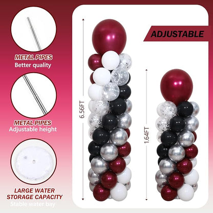 Burgundy Silver Black Balloon Column Stand Kit of 2 | 102Pcs Maroon Balloons - Image 4