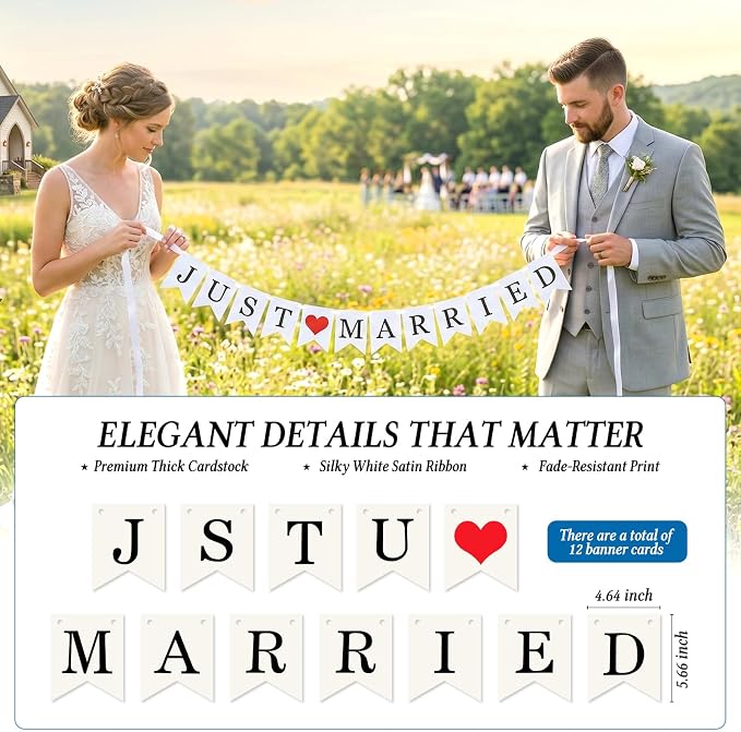 Vintage Just Married Banner Wedding Bunting Photo Booth Props Signs Garland - Image 2