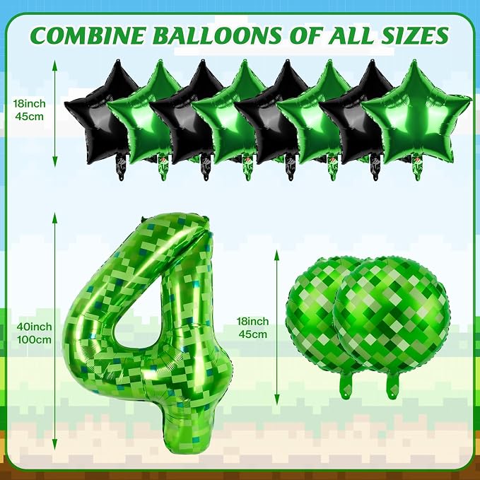 40 Inch Green Pixel Themed Number 4 Balloon Set Foil Balloon - Image 2