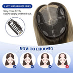 WORLDSTAR Toppers for Women Real Human Hair, Hair Topper with No Bangs, 360° 3D Cover,14Inch,6 * 7 Inch Base,65g,#2/6/18 Dark Brown to Chestnut Brown and Dirty Blonde, Clip in Topper (tp#2/6/18-14)