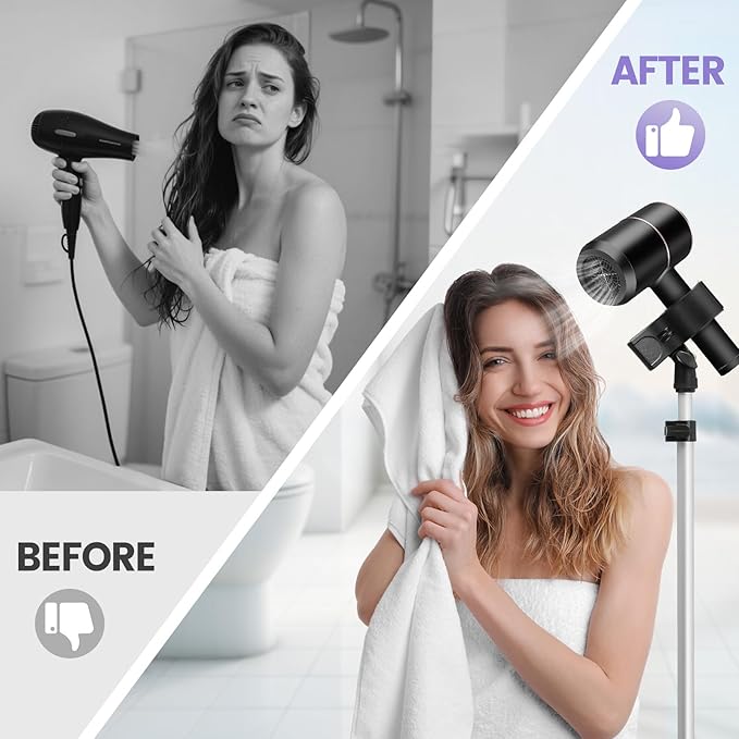 Adjustable Hair Dryer Stand, 29-59 Inch Hair Dryer Holder with Tripod and Universal Clip, 360-Degree Rotating Blow Dryer Stand for Bathroom, Vanity, Makeup Room
