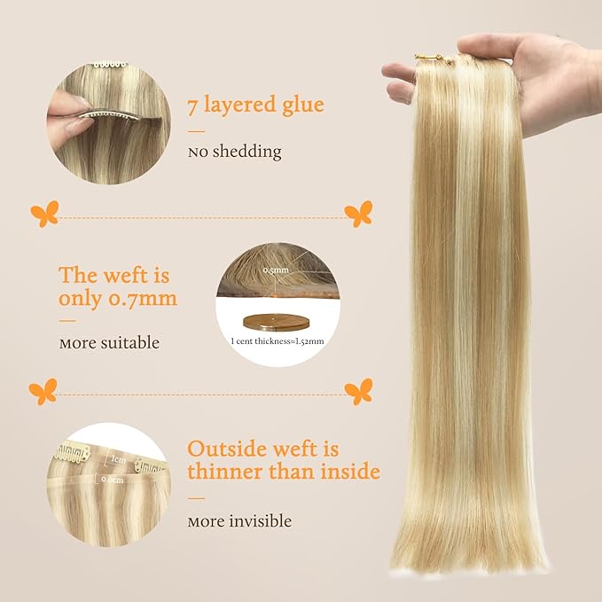 DOORES Clip in Hair Extensions Seamless, Dark Blonde Highlighted Bleach Blonde 14 Inch 130g 9pcs, Virgin Hair Extensions Clip in Straight Silky Weft