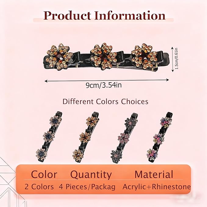 4PCS Sparkling Crystal Stone Braided Hair Clips for Women,Rhinestone Hair Clip for Short and Long Hair,Duckbill Hair Clips for Thick and Fine Hair,Hair Styling Accessories Birthday & Christmas Gifts