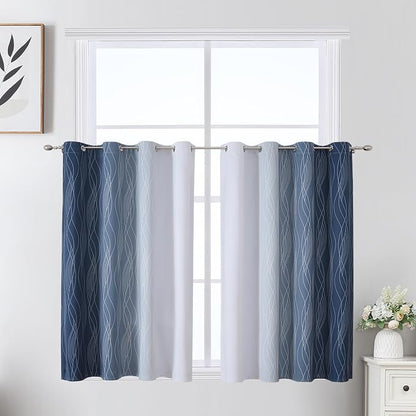 Navy Blue and Greyish White Ombre Short Blackout Cafe Curtains 36 Inch Length by ESTELARTEXTILER