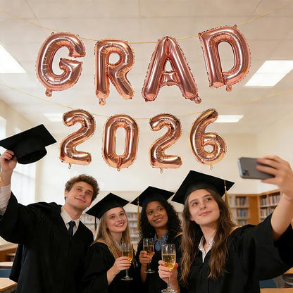 Rose Gold GRAD 2026 Banner Balloons, 16 Inch Mylar Foil letter Graduation - Image 3