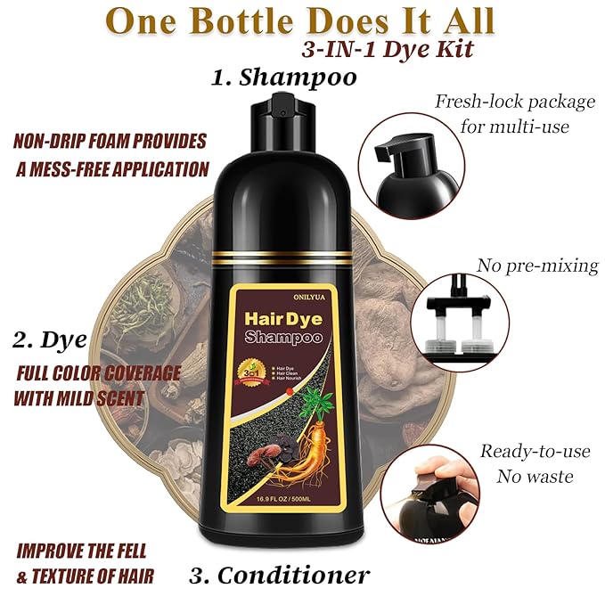 Natural Black Tea Hair Dye Shampoo 3-in-1, 100% Gray Hair Coverage in Minutes, Hair Instant Dye Shampoo for Women Men, Plant Based Hair Color Shampoo with Conditioner, Champu Con Tinte Para Canas