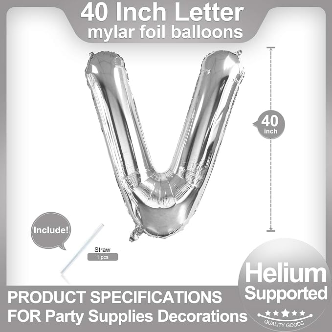 40 Inch Silver Letter V Balloons, DIY Phrase Foil Alphabet Letter V Balloons - Image 2