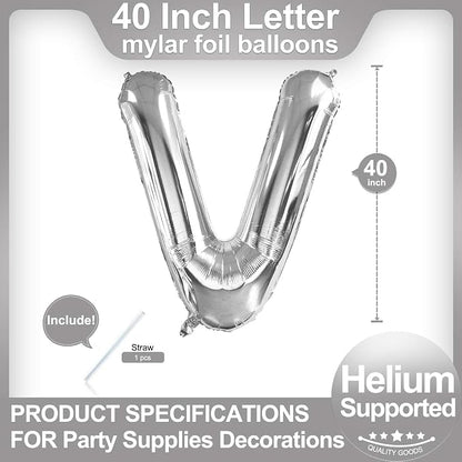 40 Inch Silver Letter V Balloons, DIY Phrase Foil Alphabet Letter V Balloons - Image 2
