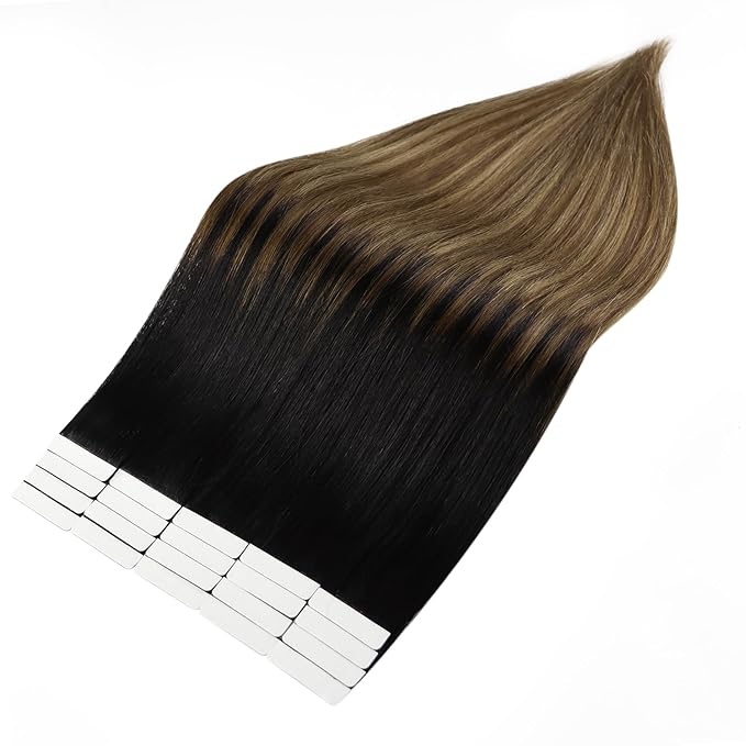 Full Shine Real Hair Extensions Tape ins Invisible Tape in Hair Extensions Human Hair 16 Inch Seamless Skin Weft Tape ins Human Hair Black 1B Fading to 6 and 27 Honey Blonde Hair Extension 20 Pcs 50G