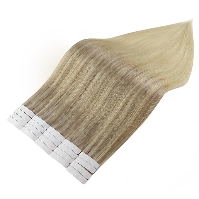Full Shine Tape in Hair Extensions Human Hair 18 Inch Color 18 Fading to 22 and 60 Platinum Blonde Remy Human Hair Extensions Tape in 20 Pieces 50 Grams Adhesive Tape Extensions