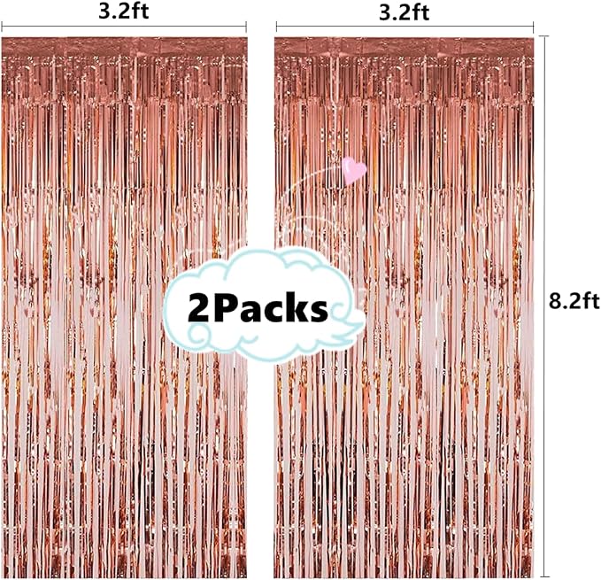 2 Pcs 3.2ft x 8.2ft Shiny Rose Gold Metallic Tinsel Foil Fringe Curtains Photo - Image 2