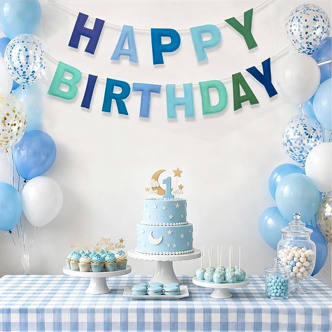 Felt Happy Birthday Banner, Pre-Strung 3D Blue and Green Birthday Banner | - Image 2