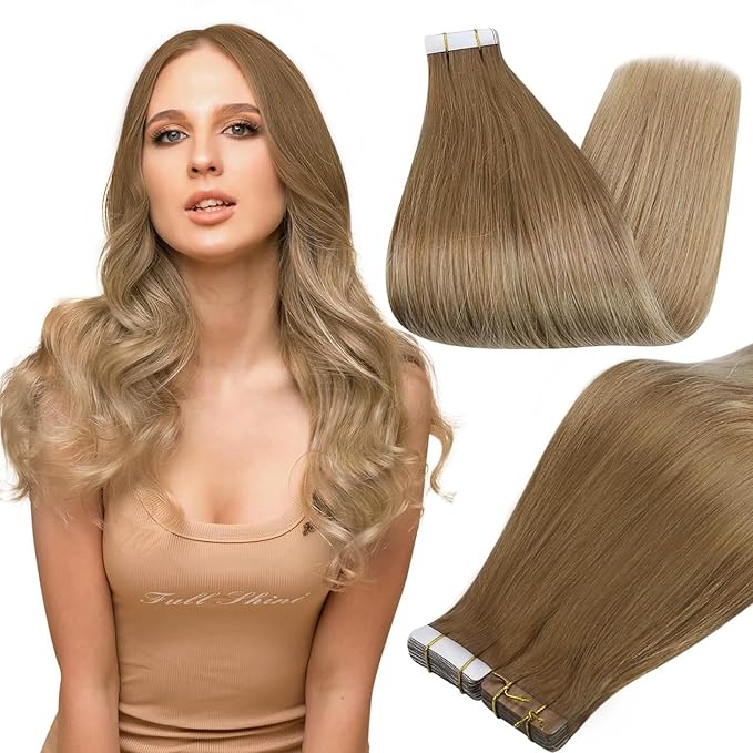 Full Shine Tape in Human Hair Extensions Seamless Tape ins Extensions 14 Inch 10 Golden Brown to 14 Dark Blonde Balayage Hair Extensions Tape in 50 Gram Straight Invisible Tape Hair 20pcs