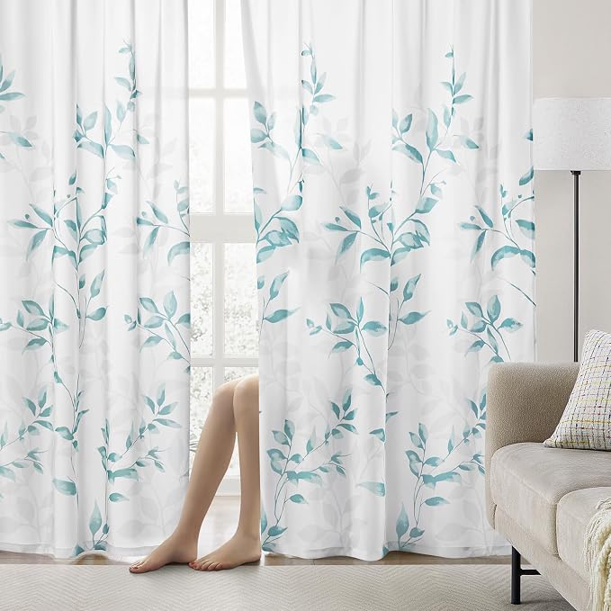 HOMEIDEAS Non-See-Through Teal and White Privacy Sheer Curtains 52 X 96 Inch - Image 2