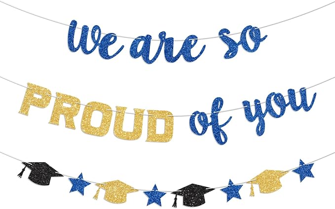 We Are So Proud of You Banner Prestrung Blue and Gold Graduation Banner by Blopee