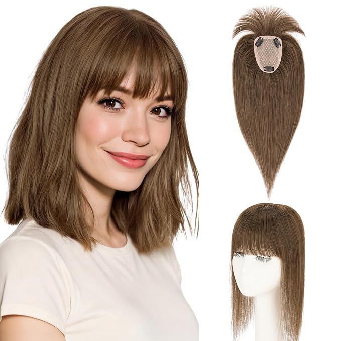 Hairro Human Hair Toppers with Wispy Bangs, 3.5x4.7" Hand-wovened Base for Women with Thinning Hair, Lightweight & Breathable Realistic Scalp, Clip-in Hairpieces for Easy Wear, 16 Inch Cocoa Brown