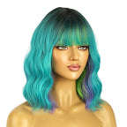 BERON 14 Inches Turquoise Wig Short Curly Wig Ombre Green Curly Wigs Short Teal Green Wigs with Bangs for Women Daily Party Cosplay Hairnet Include